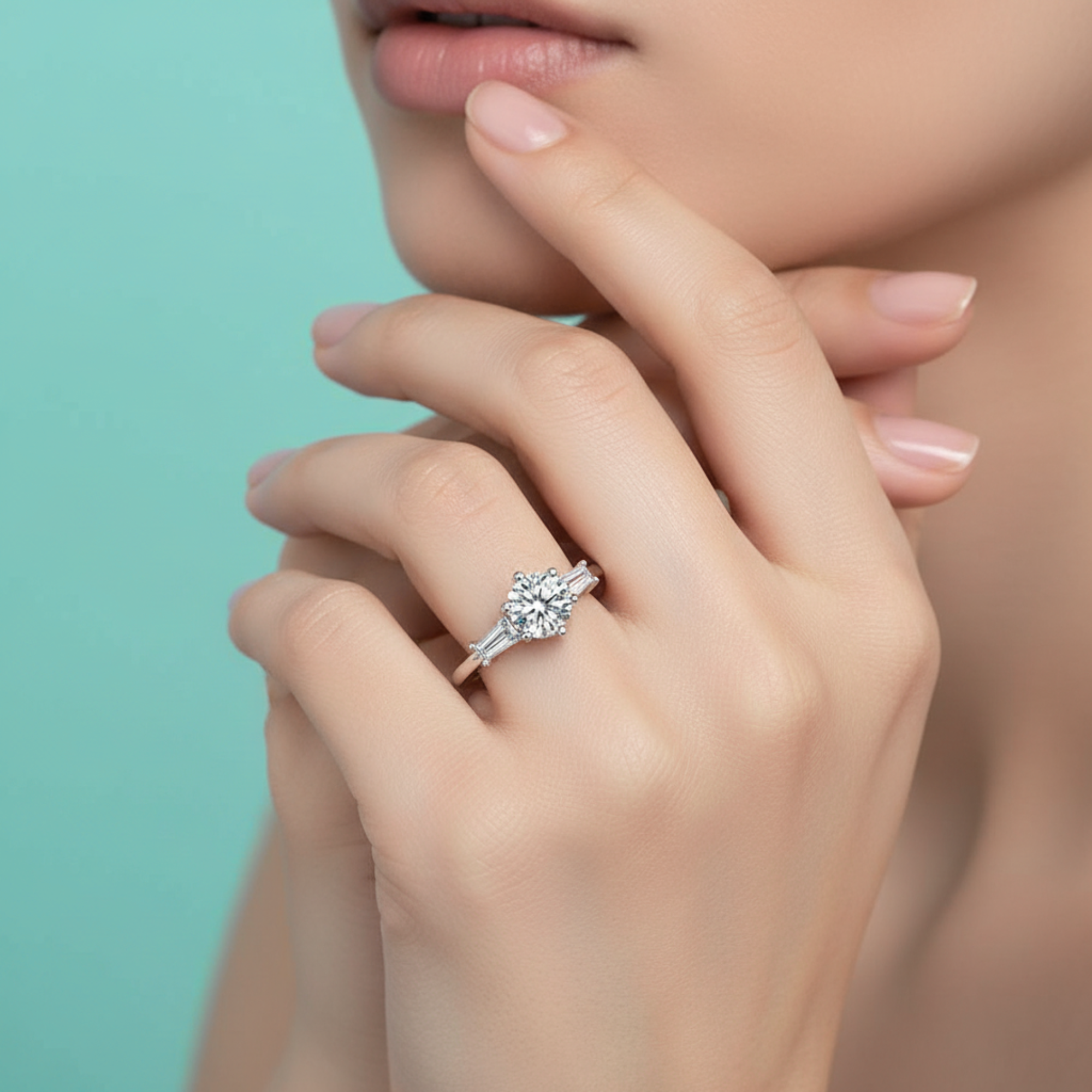 Round Three-Stone Ring with Baguette Accents