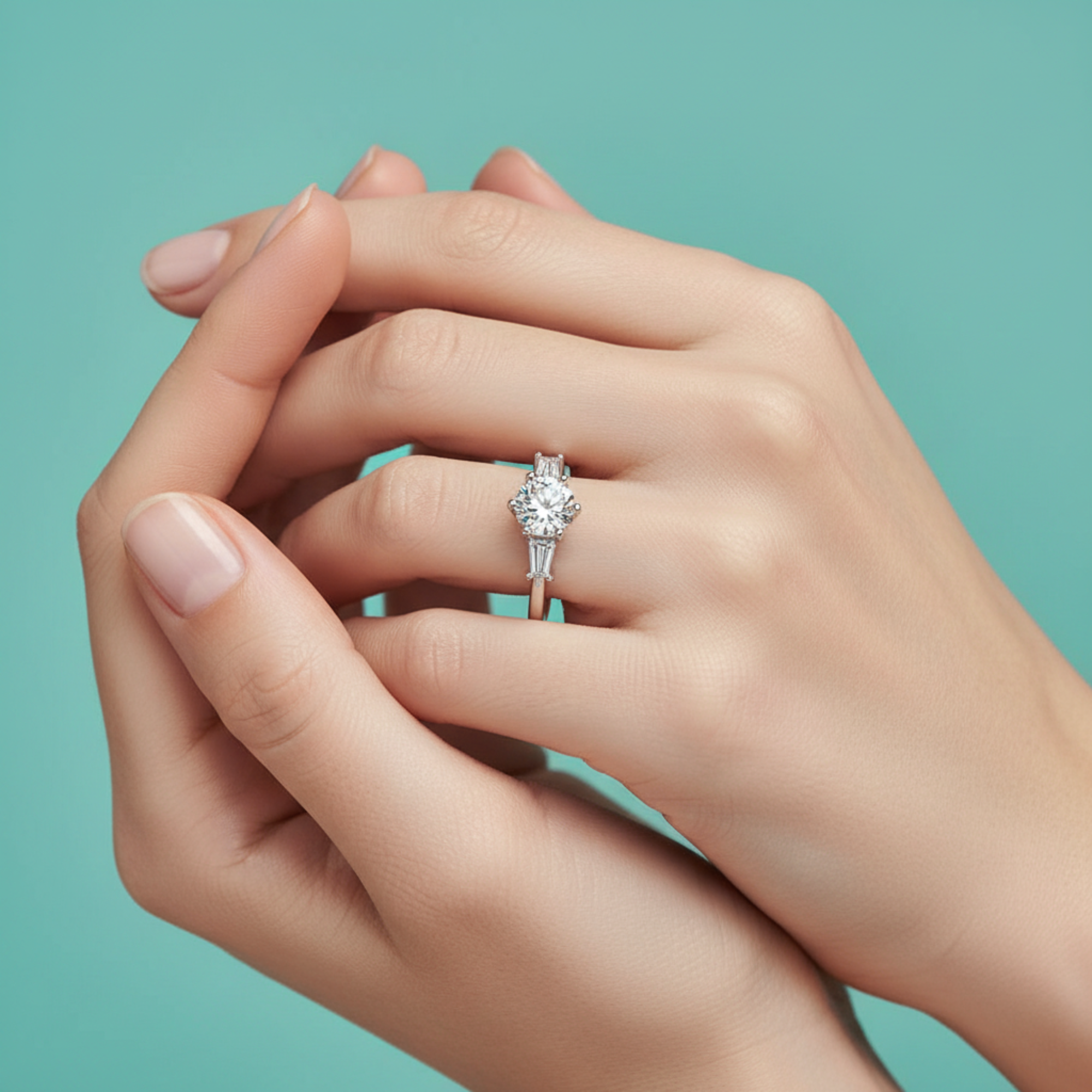 Round Three-Stone Ring with Baguette Accents